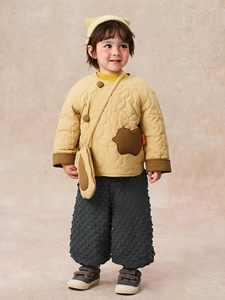 Winter quilted yellow jacket set for girls with textured pants and matching crossbody bag