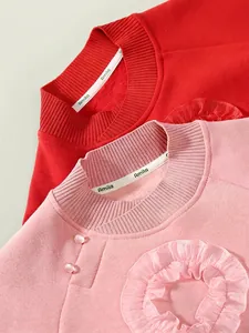 Girls winter red and pink fleece sweatshirts with creative knot buttons and mesh trim