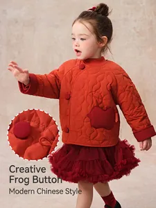 Padded orange winter jacket for girls with traditional Chinese buttons and apple pocket