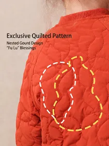 Orange quilted winter jacket for girls with unique gourd pattern stitching detail