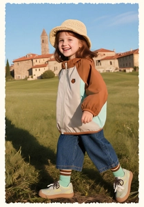 Outdoor waterproof kids color-block jacket with cute animal embroidery and knit hat
