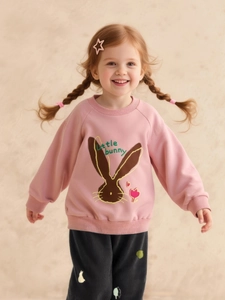 Pink girl's bunny sweatshirt with black jogger pants, soft cotton casual two-piece outfit