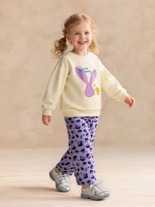 Girls' cream bunny sweatshirt and purple leopard print pants casual outfit set