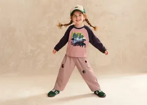 Kids corduroy casual set with pink raglan sleeve top and forest animal embroidery
