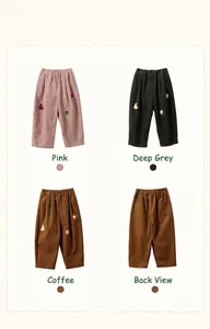 Detail of kids corduroy pants with rabbit embroidery and elastic waistband in three colors