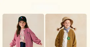 Detail of girl's cartoon cat baseball jacket and knitted cardigan with Amila embroidery