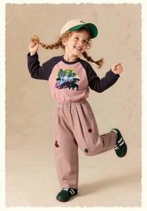 Kids corduroy pants with cute cartoon embroidery and matching contrast casual outfit