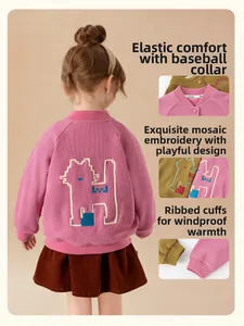 Detail of girl's pink knit jacket with mosaic animal embroidery and baseball collar