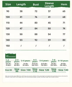 Detailed size chart for girls' cartoon cat baseball jacket from 90 to 150 cm