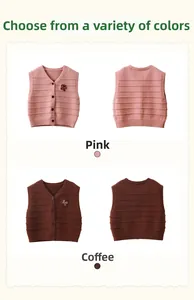 Detail of V-neck knitted sweater vest with butterfly embroidery in pink and brown