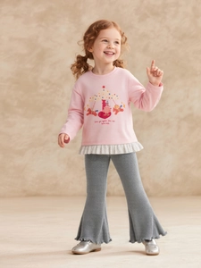 Sweat rose à manches longues pour filles avec imprimé carrousel et bord à fleurs