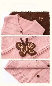Detail of V-neck knit vests with butterfly embroidery and vertical ribbed texture