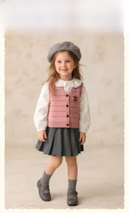 Pink knit vest paired with white lace collar shirt and grey pleated skirt for girls