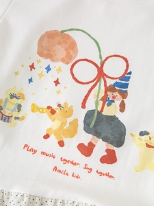T-shirt fille en coton blanc à manches longues avec motifs animaux et musique