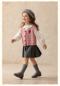 Detail of pink knit vest with butterfly embroidery and white lace collar shirt