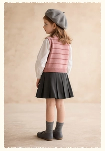 Detail of girls' pink knit vest with bow and pleated skirt outfit for autumn season