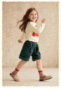 Detail of dark green corduroy shorts with rolled cuffs and cream cherry sweatshirt