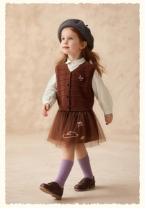 Girl's vintage knit vest outfit with striped pattern and layered brown tutu skirt