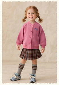 Girl's pink varsity jacket with cartoon embroidery and plaid pleated skirt outfit