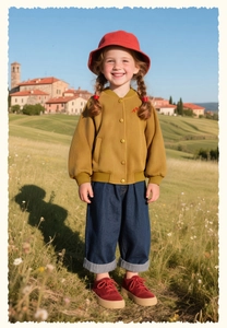 Girl cartoon cat baseball jacket paired with corduroy hat and wide-leg denim pants