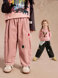 Kids Corduroy Pants 100% Cotton Embroidery Cartoon Pattern Casual Loose Wide Leg Trousers For Girls Spring Autumn Toddler Clothing