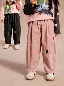 Kids corduroy trousers with tree embroidery in pink and grey for spring fashion