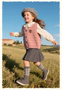Girl running in pink knit vest and lace collar shirt with gray pleated skirt