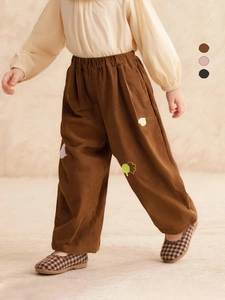 Children's corduroy casual pants with embroidery in brown, pink, and black colors