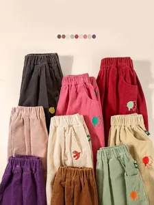 Kids corduroy pants in multiple colors with elastic waist and cute embroidery details