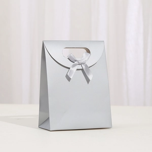 Silver-grey kraft gift bag with ribbon bow and oval handles in elegant minimalist setup