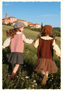 Girls sweet pink and brown knit vests with butterfly accents shown in outdoor autumn setting