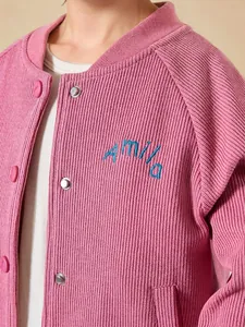 Pink ribbed knit girls' cardigan with cute Amila embroidery and metal buttons