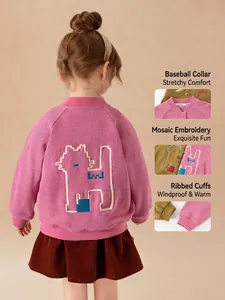 Girls' pink baseball jacket with pixel-art cat embroidery and ribbed cuffs