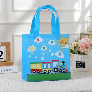 Blue non-woven gift bag with cartoon train and Happy Train print for kids party
