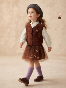 Girls vintage knit vest set with lantern sleeve shirt and embroidered tulle skirt