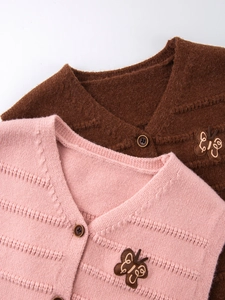Sweet girl knit vest with V-neck, butterfly embroidery, and button-up in pink and brown
