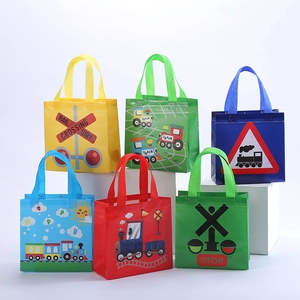 Set of six colorful non-woven gift bags with cartoon train and railway traffic designs