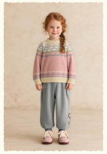 Detail of girls floral embroidery on grey wide-leg pants with pink knit sweater outfit