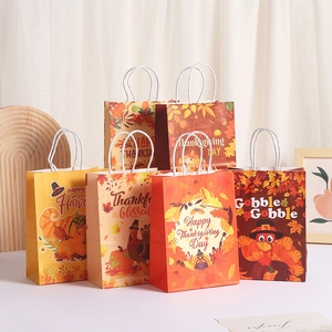 Thanksgiving Party Gift Bags Kraft Paper Tote With Handles Holiday Presents Pumpkin Turkey Maple Leaf Print Festive Carry Bags