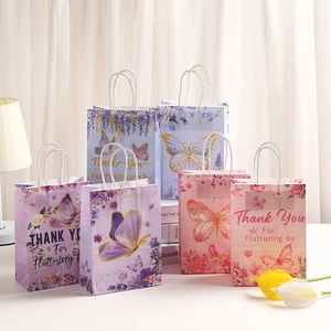 Butterfly Floral Kraft Paper Gift Bags With Handle Thank You For Fluttering By Candy Treat Bags For Wedding Birthday Party