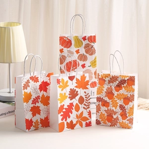 Thanksgiving Autumn Maple Leaf Pumpkin Acorn Kraft Paper Gift Bags With Twist Handles For Party Favors Shopping Packaging