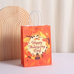 Orange Thanksgiving kraft paper gift bag with turkey print and braided rope handles