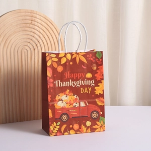 Brown Thanksgiving paper gift bag with vintage pumpkin truck and white rope handles
