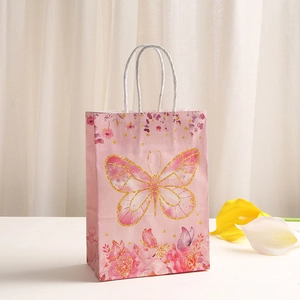 Pink kraft paper gift bag with golden glitter butterfly print and white woven handles