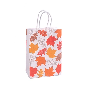 Autumn maple leaf print kraft paper gift bag with white twisted rope handles for shopping