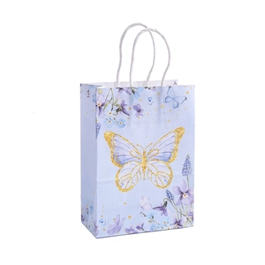 Elegant purple butterfly print paper gift bag with durable white twisted rope handles