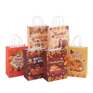 Set of 6 Thanksgiving kraft paper gift bags with pumpkin and turkey prints and cotton handles