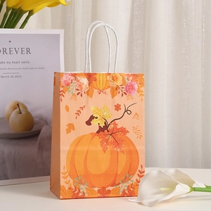 Sac cadeau d'automne en papier avec motif de citrouille et poignées en corde blanche