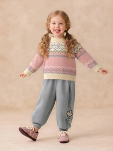 Pink knit sweater with floral patterns and grey joggers set for young girls