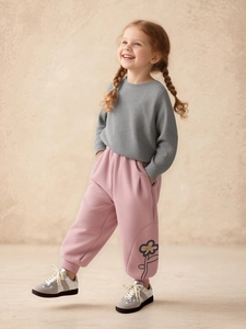 Girls gray knit sweater and pink floral jogger pants two-piece spring casual outfit